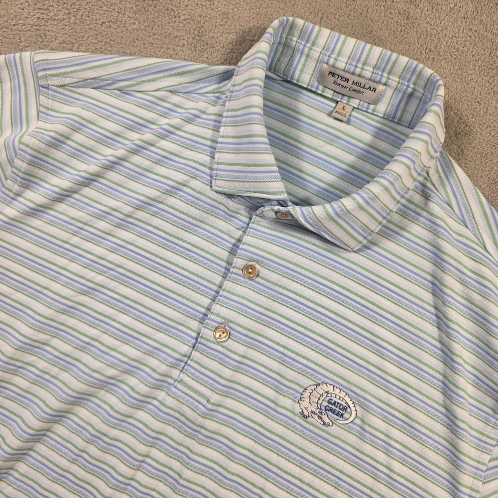 Peter Millar Gator Creek Polo Shirt Mens L Blue Green Striped Golf Outdoor